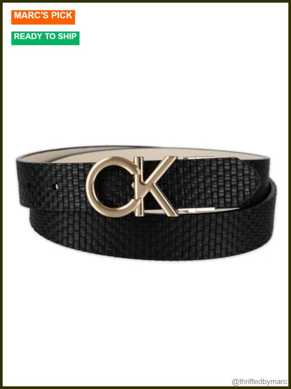 Reversible CK Monogram Plaque Buckle Dress Belt Adjustable Fit 1.25 Inch